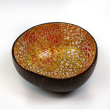 Orange Coconut Bowl with Mother of Pearl Inlay, Hand Carved, Decorative 3.5 Inch Serving Bowl