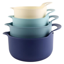 Nesting Plastic Mixing Bowl Set with Pour Spouts and Handles, Ombre Blue, 4 Piece Non-Slip