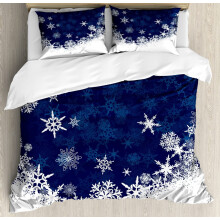 Snowflake Duvet Cover 3 Pcs Set, Winter Christmas Illustration, Cold Weather Inspired, Indigo White, Compatible with Twin/Full