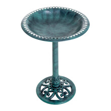 28 Inch Outdoor Bird Bath with Antique Verdigris Finish and Fleur De Lis Resin Pedestal