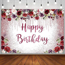 Rose Gold & Navy Birthday Backdrop for Girls/Women, Floral Glitter Bokeh, Compatible with Happy Birthday Party Decor & Photoshoots
