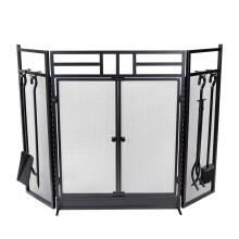 Fireplace Screen 3 Panel with Double Door Access and 4pc Tools Set, Black Metal Freestanding