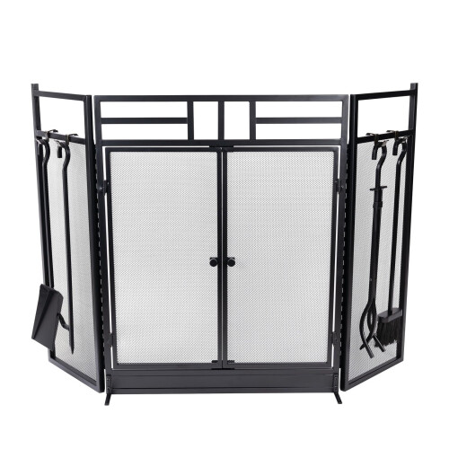 Fireplace Screen 3 Panel with Double Door Access and 4pc Tools Set, Black Metal Freestanding