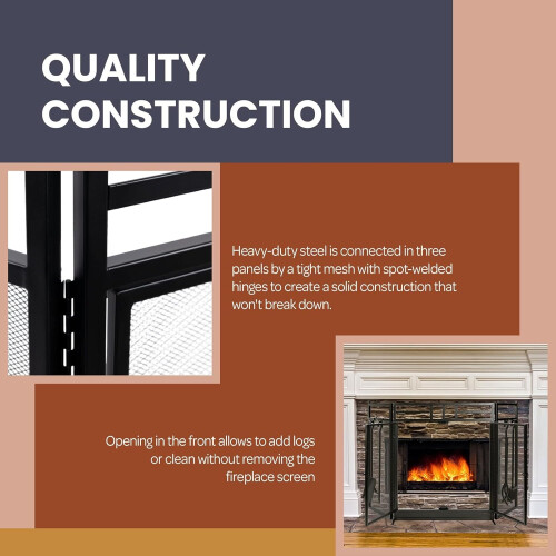 Fireplace Screen 3 Panel with Double Door Access and 4pc Tools Set, Black Metal Freestanding 1