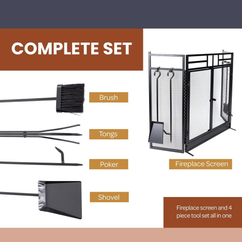 Fireplace Screen 3 Panel with Double Door Access and 4pc Tools Set, Black Metal Freestanding 2