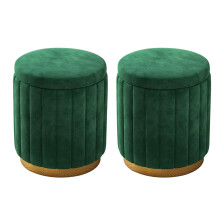 Velvet Ottoman with Storage Set of 2, Round Upholstered Stool with Gold Base for Bedroom and Living Room (Green)