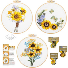 3 Sets Sun Flower Diy Stamped Embroidery Starter Cross Stitch Set with Pattern and Instructions