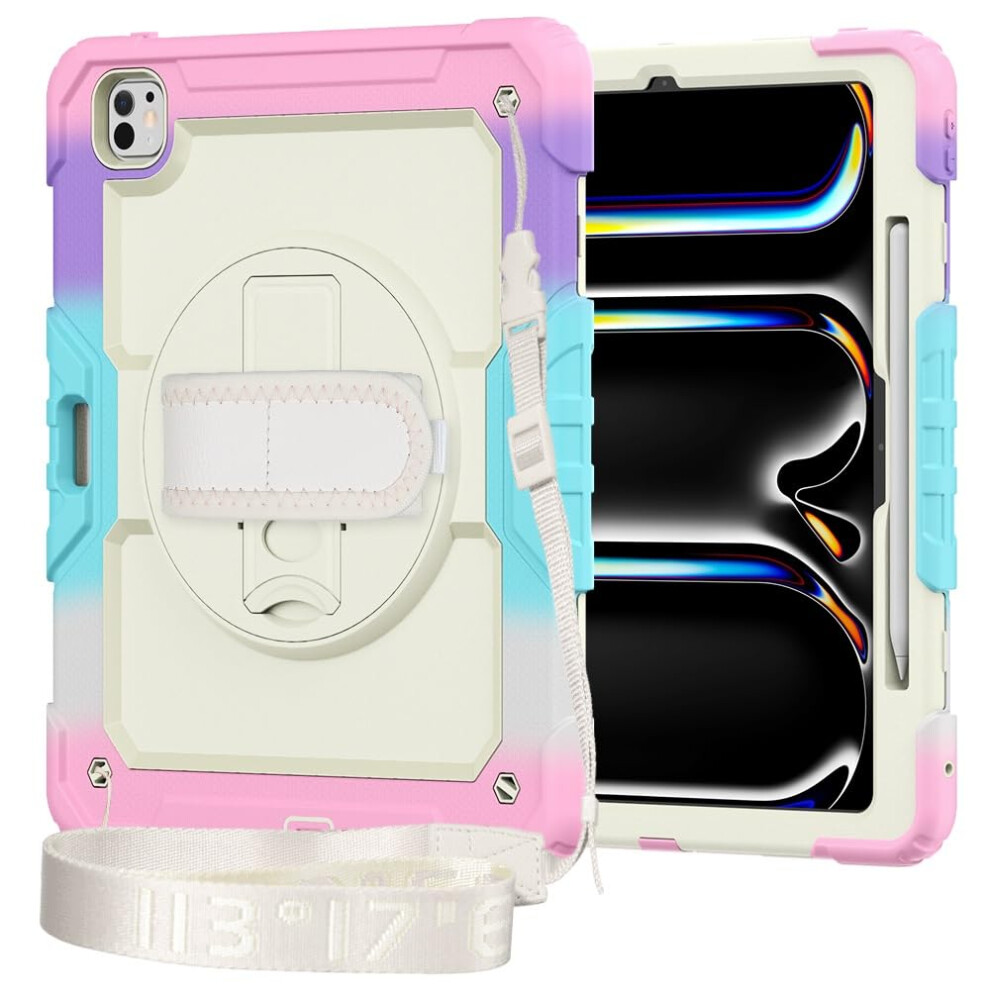 Shockproof Case For Ipad Pro 13 Inch 2024 With 360 Rotating Stand, Shoulder Strap, Screen Protector, Camouflage Pink 9174973075271
