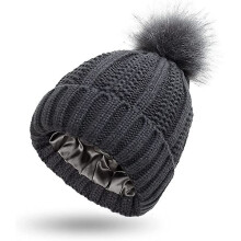 Women's Knitted Hat with Satin Lining Pom Pom Winter Warm Beanie Bobble Hat