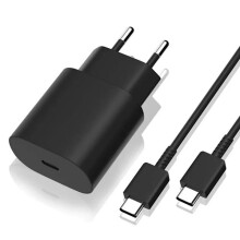 Ag luí le Samsung Charger Fast Charger - Cuibheoir + Cábla 25W USB-C 2m Dubh