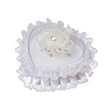 Wedding Ring Pillow Heart Box, White Romantic Lace Pearl Ring Box Stand with Ribbon, Suitable for Wedding Ring Holder, 3.54 * 3.54 * 2.36 Inch