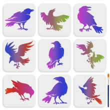 1Bag 9pcs Crow Stencils 66inch with Paint Brush, compatible with Halloween Birds Decor, for Wood, Wall, Fabric, Paper & Furniture