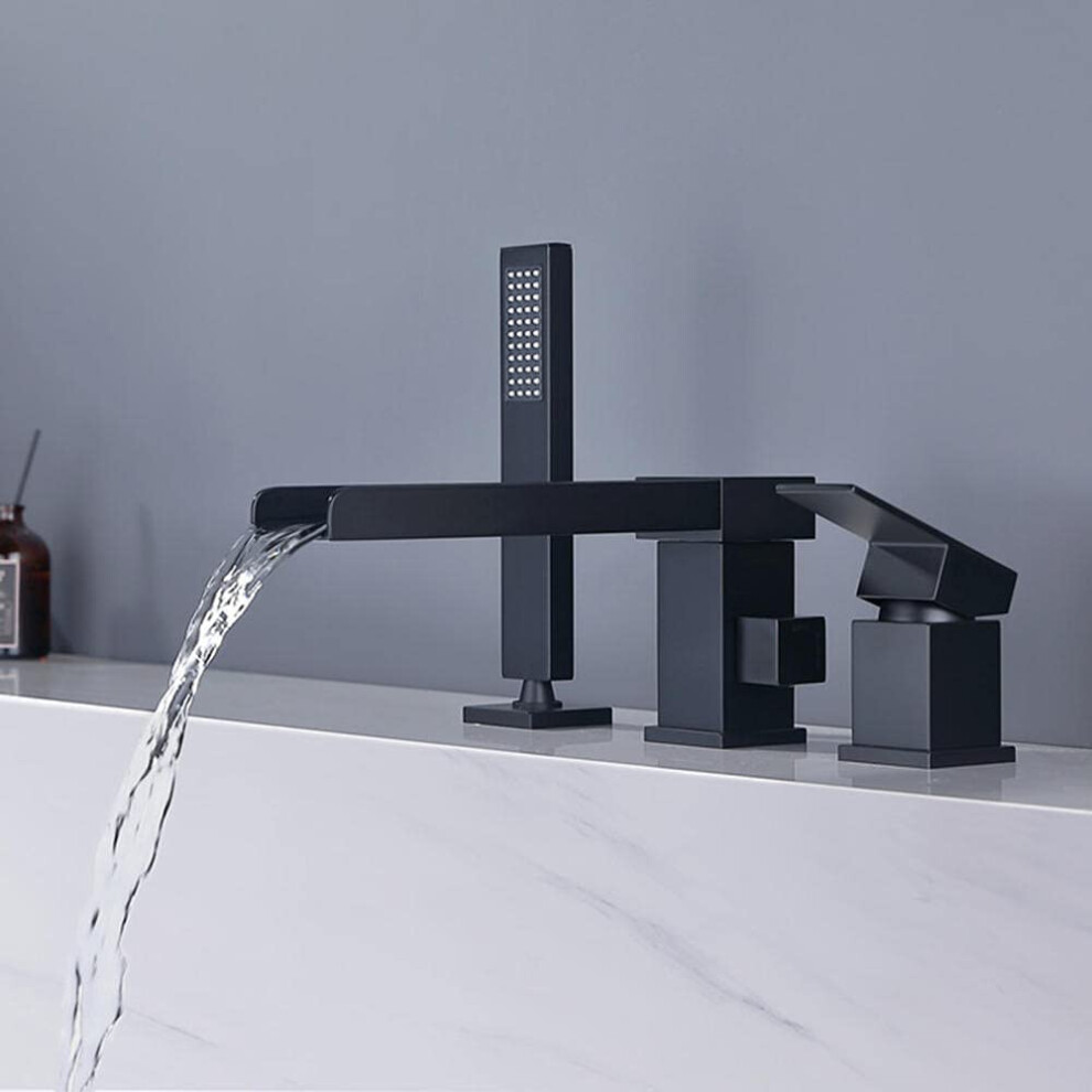 Waterfall Bathtub Faucet With Hand Shower, 3 Hole Brass Tub Tap, 180 Rotating Spout, Black Gold 9053599496328