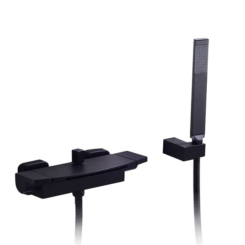 Matte Black Wall Mounted Bathtub Faucet With Hand Shower, Brass Waterfall Spout, Dual Handle Control 9174973080404