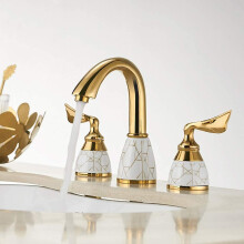 Gold Widespread Bathroom Faucet with Hand Shower, Deck Mounted Gooseneck Spout Bath Tap Set