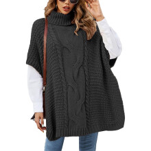 Pulover poncho pentru femei, guler înalt, pelerină, tricotat gros, croială lejeră, cu design tricotat răsucit, fibră acrilică caldă și