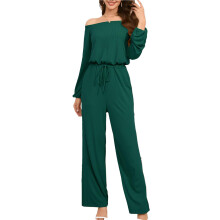Conjunto feminino de uma peça, elegante e casual, macacão de manga comprida com cintura elástica e cinto, macacão de pernas largas e cintura alta.