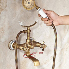 Antique Brass Shower Faucet Wall Mounted Set with Adjustable Height and Vintage Telephone Style