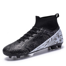 (black, 39) Unisex High Top FG/TF Soccer Cleats Breathable Durable Anti-Slip Long/Short Studs Athletic Football Boots