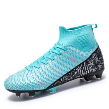 (Blue, 39) Unisex High Top FG/TF Soccer Cleats Breathable Durable Anti-Slip Long/Short Studs Athletic Football Boots