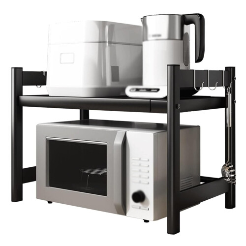 Microwave Oven Stand Adjustable Stainless Steel Double Layer Retractable Kitchen Counter Shelf Black