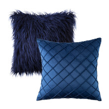 Phantoscope Designer's Choice Decorative Throw Pillow Set, Fluffy Faux Fur & Pleated Velvet Bundle, for Sofa Couch Bedroom, 18" x 18", Navy, 2 Pack