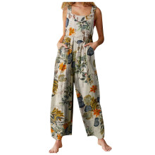 Honeeladyy Discount Jumpsuits for Women Summer Casual Sleeveless Suspender Overalls Loose Wide Leg Baggy Button Palazzo Rompers with Pockets