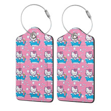 Hello Kitty 2Pc Stainless Steel Ring Leather Luggage Tags compatible with Privacy Protection ID Holder, Waterproof, 2.9" * 4.6"