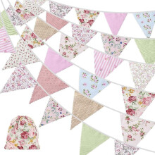 40ft Fabric Pennants, 42pcs Outdoor Pennant Banner, Floral Vintage Cotton Triple Corner Flag for Ga