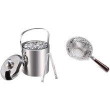 1 Set Ice Buckets with Stainless Steel Ice Tongs,Ice Bucket with Lid & 1 Pcs Wooden Handle Tea Leaking Tea Strainer