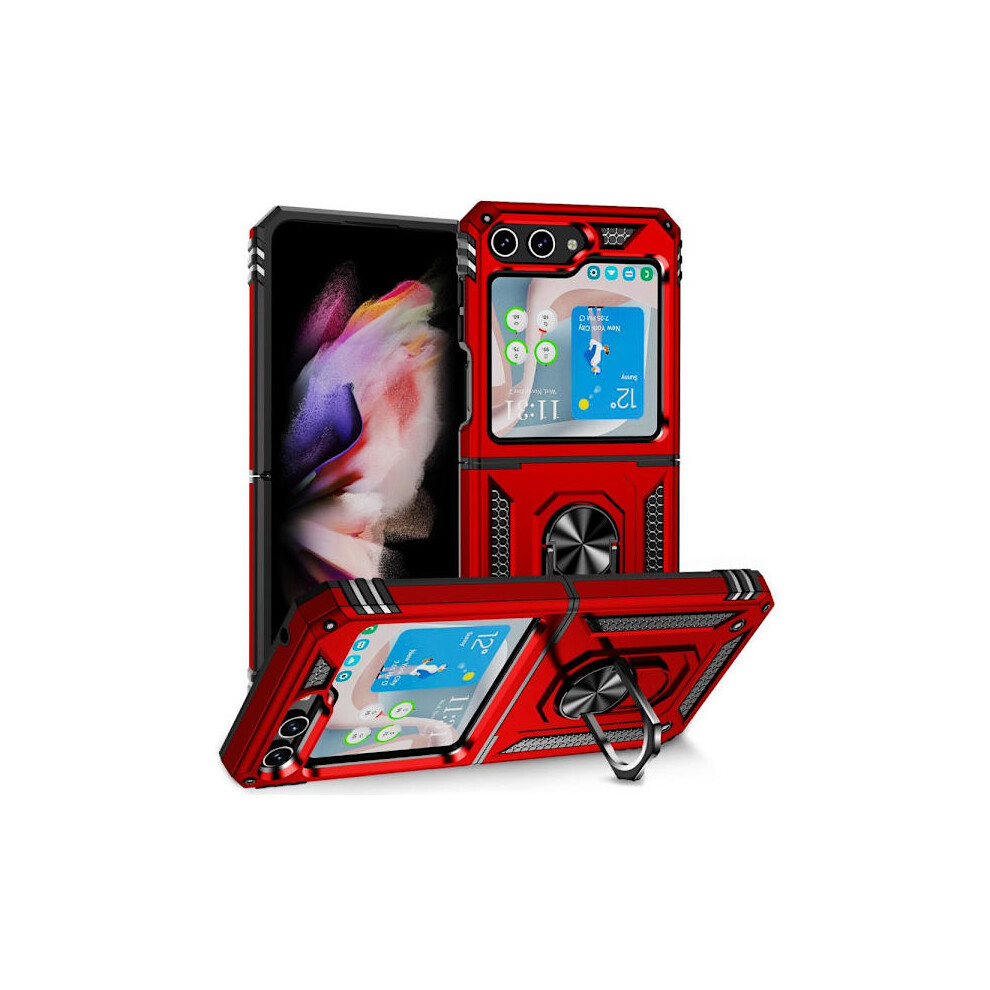 Skalo Compatible With Samsung Z Flip5 Armor Hybrid Metal Ring Case - Red 9389440492875