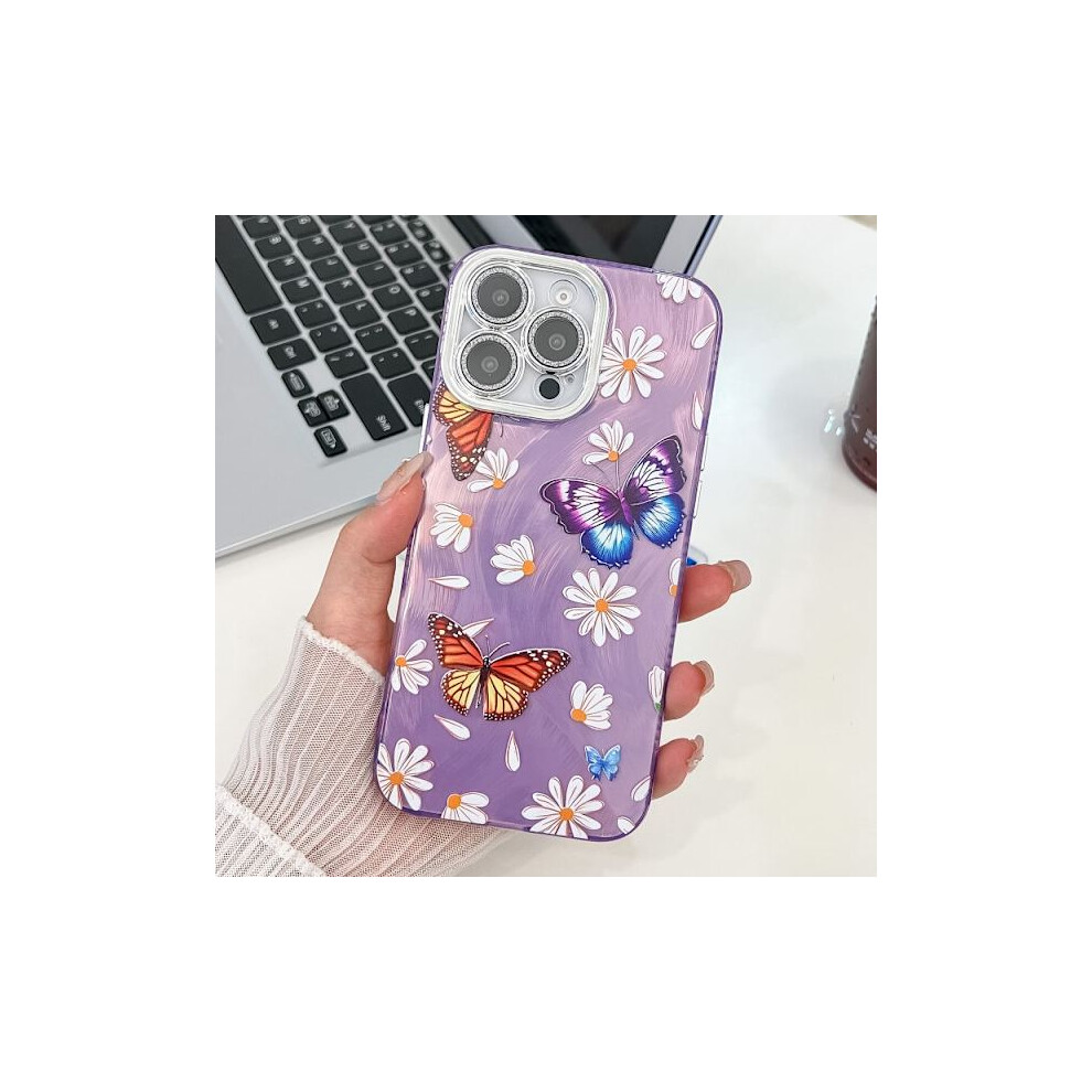 Compatible With Iphone 16 Pro Max Case With Plated Texture And Glitter Lens Protector Daisy Butterflies Hu2 9389440529427