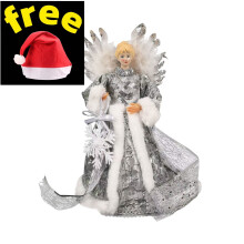 Comefolife 13" Angel Tree Topper w/ White Feather Wings, Luxury Champagne Dress, Flying Angel Figurine, Silver - compatible with standard tree
