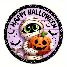 Halloween fa tábla - Múmia és őszi koszorú tökkel, denevérrel, otthoni, konyhai és kerti dekorációval kompatibilis
