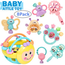 LNKOO 8Pcs Baby Rattle Toys Set - Infant Shaker, Teether & Spin Rattles, Musical Educational Toys, Newborn Gifts for 0-12M, Compatible with Gift
