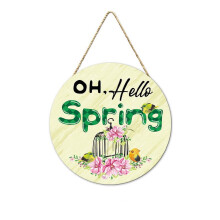 Hello Spring Farmhouse Sign - Wood Door Hanger for Front Door, Porch, Wall Decor, Compatible with Flower Pickup, Rustic Wooden Wreath