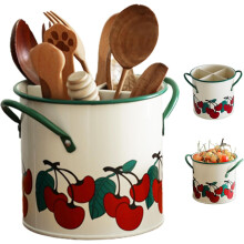 Porta-utensílios de cozinha vintage em cerejeira - Organizador de ferro com 4 compartimentos, divisória removível e orifício de drenagem para a