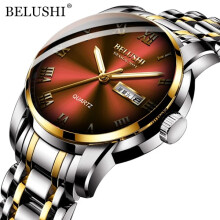 BELUSHI Men's Fashion Business Quartz Watches Top Luxury Brand All Steel Waterproof Analog Wristwatch Men Calendar Watch Silver Golden Red