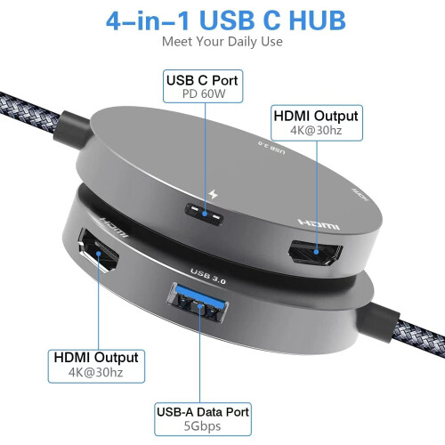 Προσαρμογέας USB C σε διπλό HDMI, Προσαρμογέας οθόνης Thunderbolt3 τύπου C σε διπλό 4K, 2