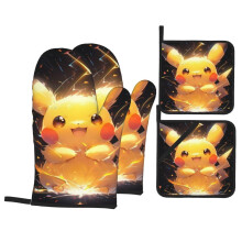 Gants de cuisine et maniques Pikachu, lot de 4, résistants à la chaleur, compatibles micro-ondes et grils, antidérapants, pour la cuisson au four