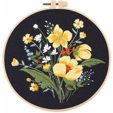 Stamped Embroidery Starter Kit with Yellow Flower Pattern, Hoop, Cloth, Threads, Needles - Cross Stitch for Beginners, Adults, Students, Home Decor