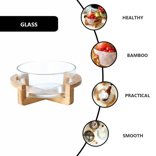 Ensaladera de vidrio Mizh1Set, resistente al calor, con base de madera. 1