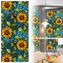 Sunflower Stained Glass Window Film Non Adhesive Privacy Cling Anti UV Decorative 17.7x39.4in
