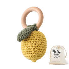 Baby Teething Toy with Handmade Crochet Rattle, Organic Wooden Teether Ring in Bright Lemon Color