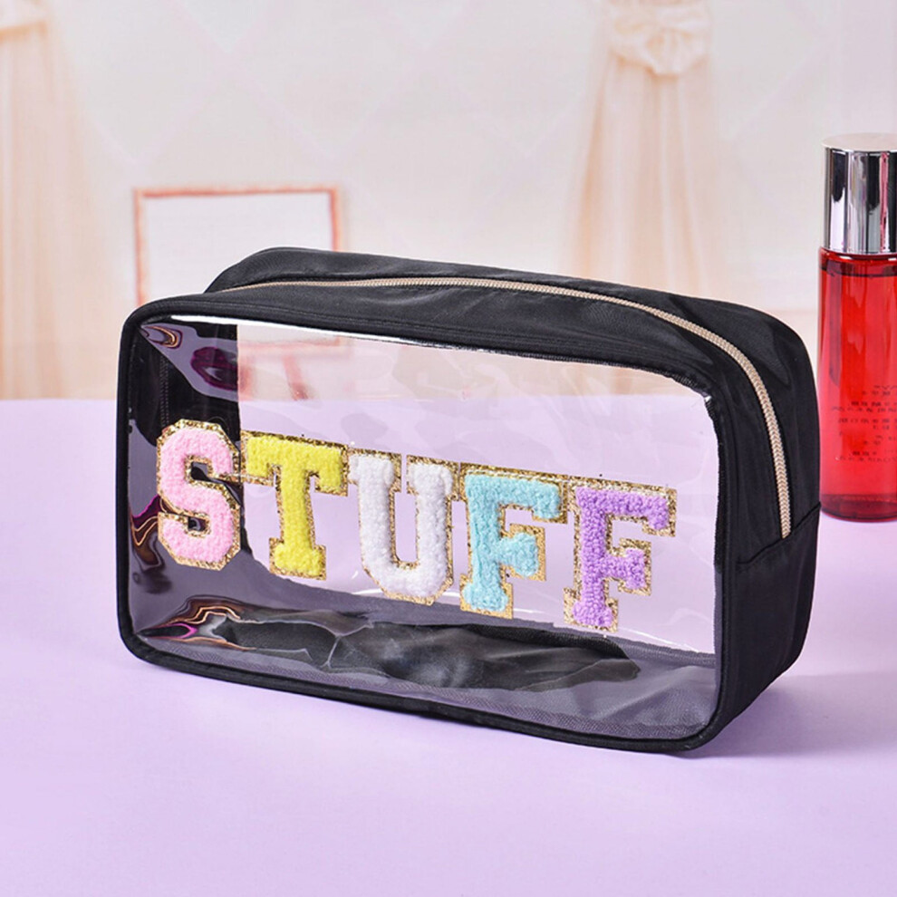 Chenille Letter Clear Makeup Bag, Large Preppy Patch Cosmetic Pouch with Zipper, Nylon & Transparent PVC Waterproof Toiletry Organizer for Women