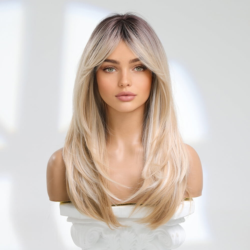 Unisex Dark 24-Inch Long Blonde Synthetic Wig With Bangs & Roots, Adjustable Cap, Breathable Mesh, Realistic Hairline For Festivals, Cosplay, Everyday Wear