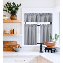 Set of 3 Kitchen Curtains Blackout K4 Silver Rod Pocket, 2 Tier Panels Linen + 1 Valance - Compatible with Standard Hooks