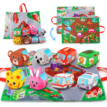 Soft Baby Car Toys Set with 2 in 1 Playmat and Storage Bag, Fabric Vehicle Toys for Toddlers