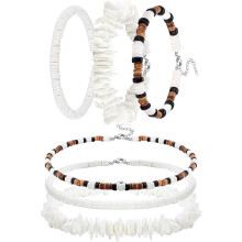 Jstyle 6 Pcs White Puka Shell Necklace & Bracelet Set, Compatible with Surfer Hawaiian Summer Beach Style for Men Women, Pooka Clam Chip Choker
