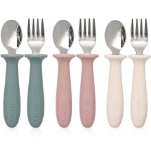 6 Pcs Toddler Utensils Set - Silicone Handle, Safe Spoons & Forks for Kids, 18/8 Stainless Steel, Food-Grade Silicone, Dishwasher Safe